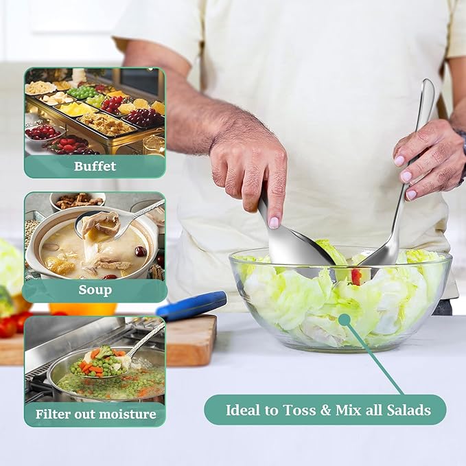 Teivio Hammered Stainless Steel Metal Serving Utensils Set of 12, 10" Serving Spoons, 10" Slotted Spoons, 9" Serving Tongs, Large Hostess Serving Set for Parties Chafing Dish Buffet Catering (Silver)