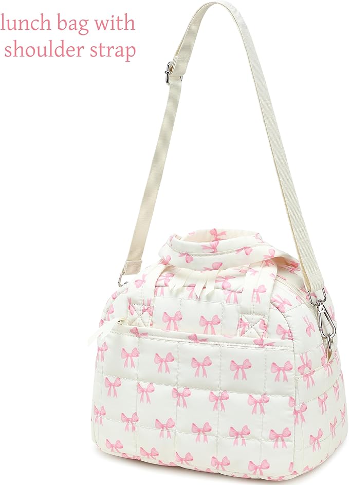 LEDAOU Lunch Box for Women Lunch bag Quilted Puffer Lunch Box with Adjustable Strap Insulated Reusable LunchBox for Work School Picnic Travel (Pink Bow - Beige)