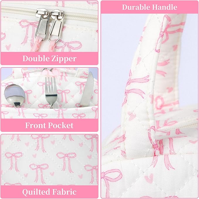 Quilted Lunch Box for Women,Coquette Aesthetic Lunch Box for Teen Girls,Cute Floral Lunch Bags for Work, School,Office,Picnic,Travel (pink bow heart)