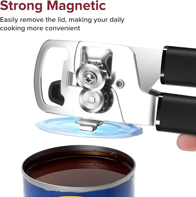 Can Opener Manual with Magnet, Heavy Duty Hand Held Can Opener with Sharp Stainless Steel Blade Easy to Use, Effortless Turn Knob, Soft Comfortable Handle, Built-In Bottle Openers, Black