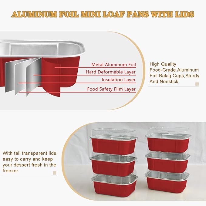 mini loaf pans with lids and spoons 50 Pack,5.5 oz Rectangle mini individual cake tins Disposable Small Aluminum Foil Baking pans(50, Red)