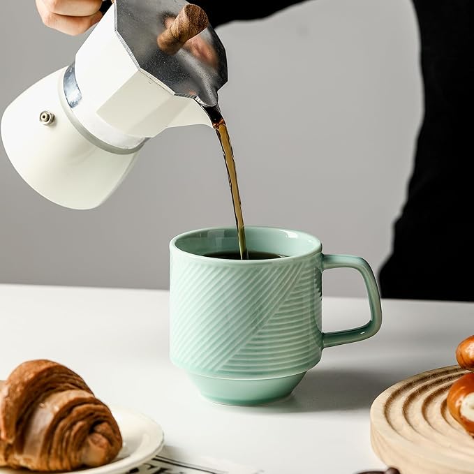 Stackable Coffee Mugs with Rack: 13 oz Stacking Ceramic Cups with Stand - Porcelain Stacked Tea Mug Set of 4 (Mint Green)