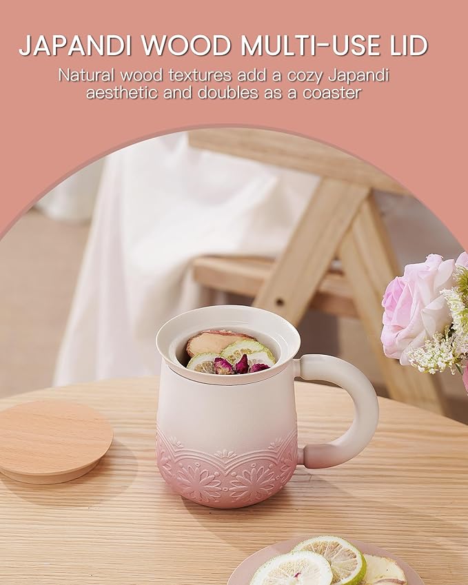 ZENS Tea Cup with Infuser and Lid for Loose Leaf Steeping, 11oz Embossed Ceramic Tea Infuser Mug, Wood Lid Tea Diffuser for Black Tea Lovers Gifts, Pale Pink