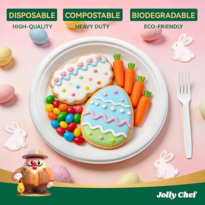 JOLLY CHEF Compostable Heavy Duty Plates 𝟭𝟬 𝗜𝗻𝗰𝗵 [𝟱𝟬𝟬 𝗣𝗮𝗰𝗸] Eco-Friendly Disposable White Uncoated Paper Plates Bagasse Sugarcane Biodegradable for Hot Cold Food Party Dinner Christmas