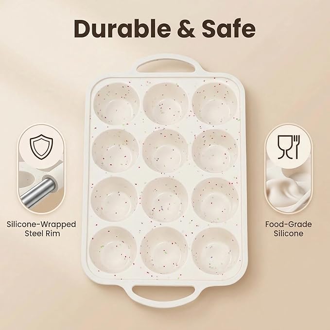 Silicone Muffin Pan for Baking with Metal Reinforced Frame - 12 Cup Regular Size Cupcake Pan, Silicone Muffin Tray, Nonstick Cupcake Baking Pan Molds for Baking Homemade Muffins
