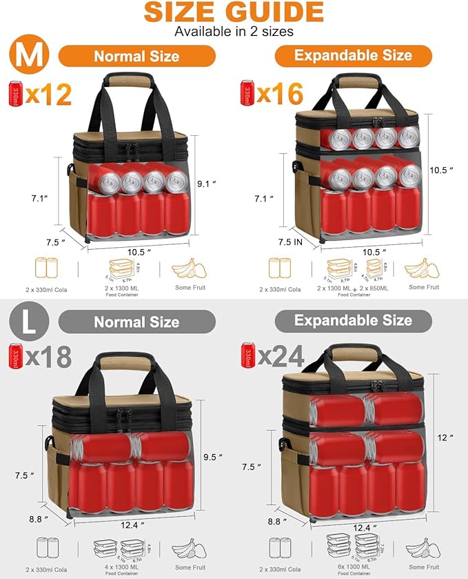 Lunch Box For Men Women Double Deck Insulated Lunch Bag For Men Woman Leakproof Expandable Cooler Bag with Adjustable Shoulder Strap for Work Picnic School(Khaki,Medium)
