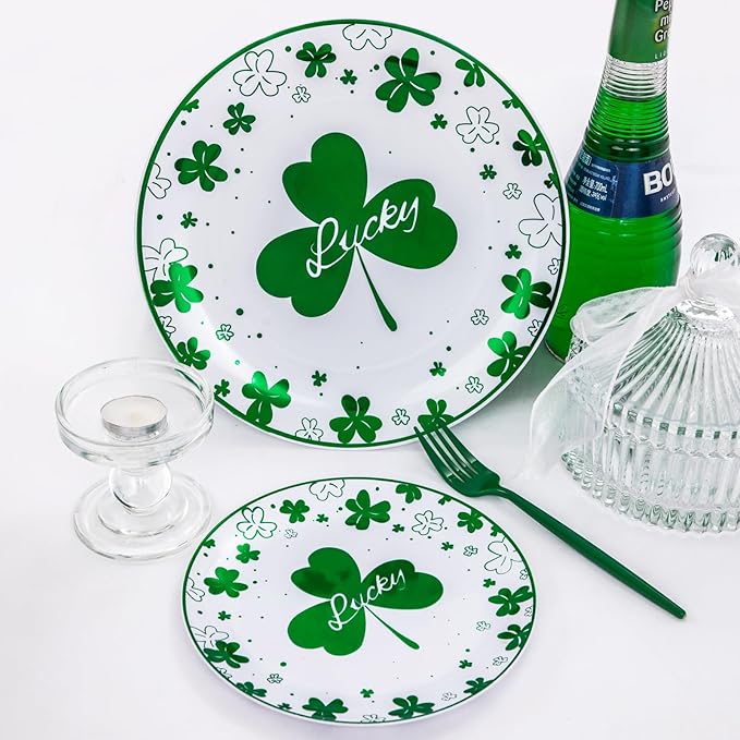Rubtlamp 60Pcs Plastic Green Plates,St Patricks Day Plates with Green Trefoil and Lucky Alphabet, Green Disposable Plates include 30 Plastic White Dinner Plates and 30 Salad Plates for Spring