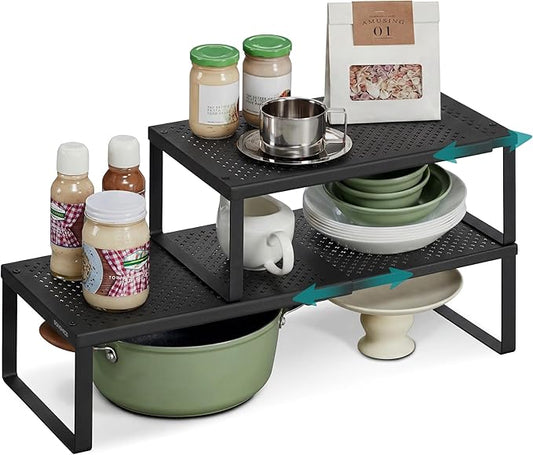 SONGMICS Spice Racks, Set of 2 Expandable Kitchen Countertop Shelves, Small Cupboard Organizers, Metal, Space-Saving Tabletop Shelves, Matte Black UKCS402B01