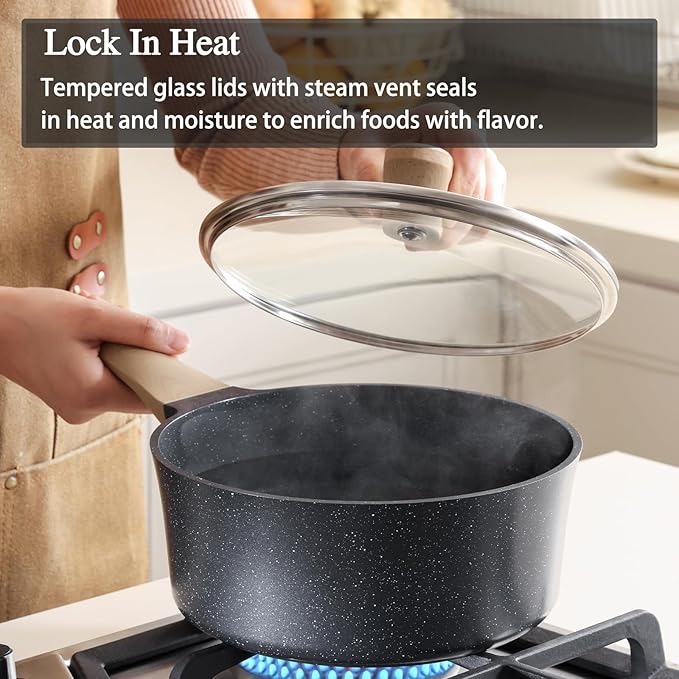 Nonstick Saucepan with Lid, 2 Quart German Greblon Ceramic Sauce Pan, Non Toxic Sauce Pot with Cover for Multipurpose Use, PTFE, PFOA & PFAS Free, Induction Compatible.