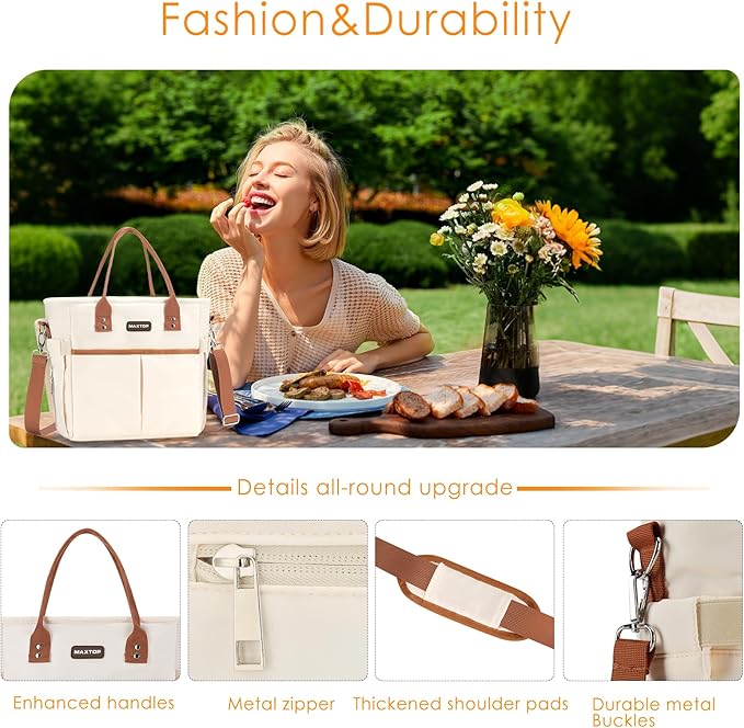 MAXTOP Lunch Bag Women for Work Insulated Thermal Lunch Box with Wide-Open Pocket Reusable Leakproof Cooler Bags with Removable Shoulder Strap for Teacher Nurse Office Picnic Travel XL-Brown