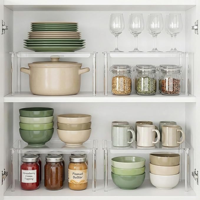 4 Pack Clear Kitchen Cabinet Organizer, Stackable Acrylic Tiered Spice Organization Display Shelf for Cabinet Shelf Desk Countertop Organizer