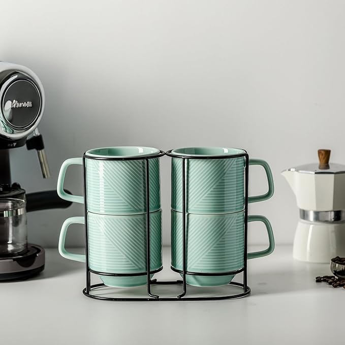 Stackable Coffee Mugs with Rack: 13 oz Stacking Ceramic Cups with Stand - Porcelain Stacked Tea Mug Set of 4 (Mint Green)