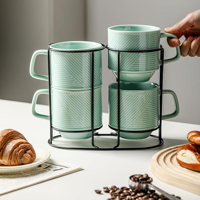 Stackable Coffee Mugs with Rack: 13 oz Stacking Ceramic Cups with Stand - Porcelain Stacked Tea Mug Set of 4 (Mint Green)
