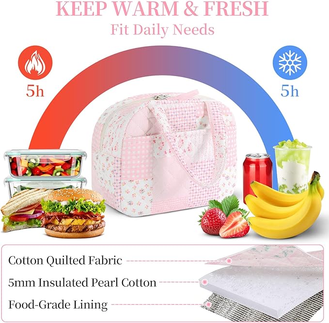 Quilted Lunch Box for Women,Coquette Aesthetic Lunch Box for Teen Girls,Cute Pink Patchwork Lunch Bags for Work, School,Office,Picnic,Travel (Pink Patchwork)