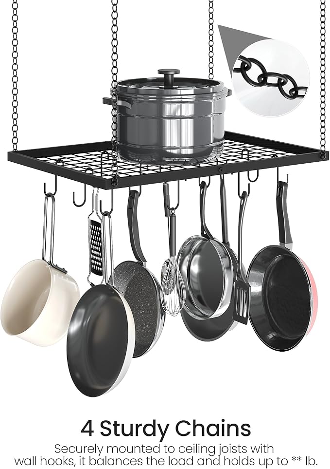 Hanging Pot Rack, Ceiling Mounted Pot Hanger for Kitchen, Metal Cookware Storage Organizer with 12 Hooks, for Storage of Cookware, Utensils in Kitchen, 23.7" L, Black TPR03BB
