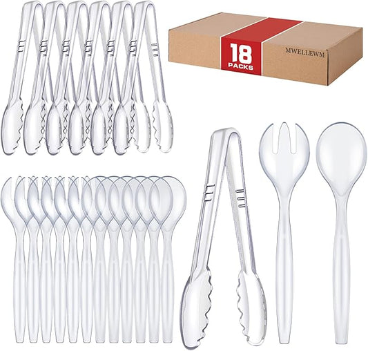 Mwellewm 18Pcs Serving Utensils, 10'' Plastic Serving Utensils Set, Large Disposable Serving Spoons for Buffet, Tongs for Serving Food, Party Supplies for Salad Soup Noodles Dinner Catering(Clear)
