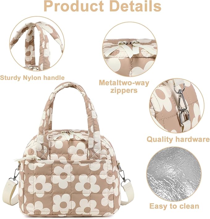 LEDAOU Lunch Box for Women Lunch bag Quilted Puffer Insulated Lunch Box with Adjustable Strap Reusable LunchBox for Work School Picnic Travel (Big Flower Brown)