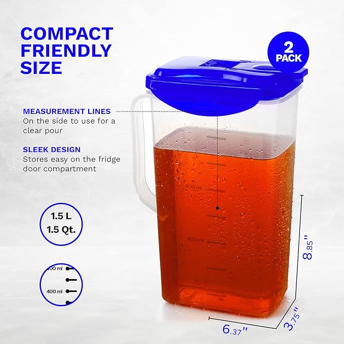 Blue BPA Free Plastic Pitcher Set of 2 - 50 Oz. Jug with Lid for Fridge, Iced Tea, Lemonade, Water