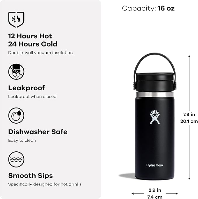 Hydro Flask Flex Sip Coffee Tumbler – Insulated Stainless Steel, Non Spill, Leak Proof Travel Coffee Cup 16 Oz Surf Blue