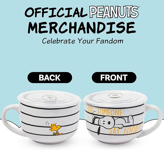 Silver Buffalo Peanuts Snoopy and Woodstock Did Someone Say Food Ceramic Soup Mug with Vented Plastic Lid, 24 Ounces
