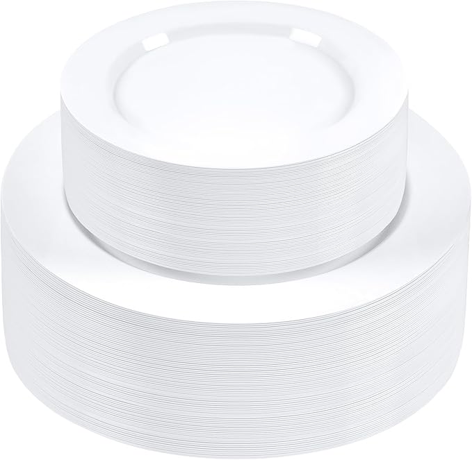 SETUP 100-Piece White Plastic Dinnerware Set – 50 10.25" Dinner & 50 7.5" Salad Plates – Heavy-Duty Disposable for Weddings, Catering, Parties