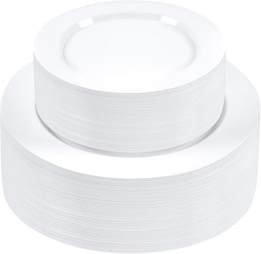 SETUP 100-Piece White Plastic Dinnerware Set – 50 10.25" Dinner & 50 7.5" Salad Plates – Heavy-Duty Disposable for Weddings, Catering, Parties