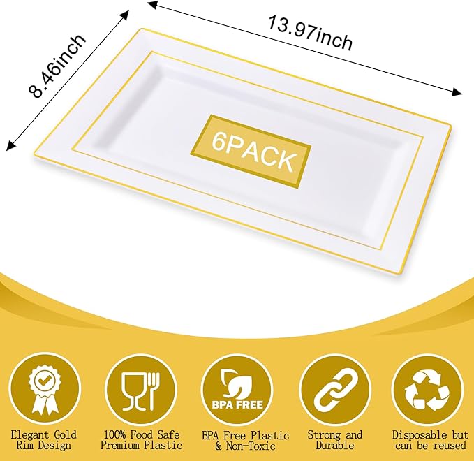 I00000 6 Pack Plastic Serving Trays, Gold Rim Disposable Serving Trays, Gold Disposable Serving Platter for Food Party Serving Platters and Plastic Trays 13.97x8.46 inches