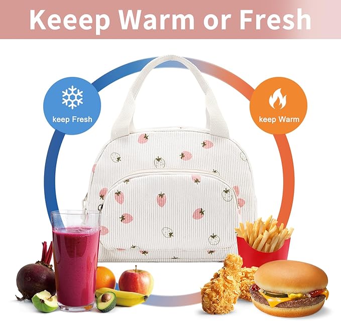 Lunch Bag Women Lunch Box for Women Adult Cute Insulated Lunch Bag Small Cooler Lunch Tote Bags for Work Picnic Travel (Beige-Light Strawberry)