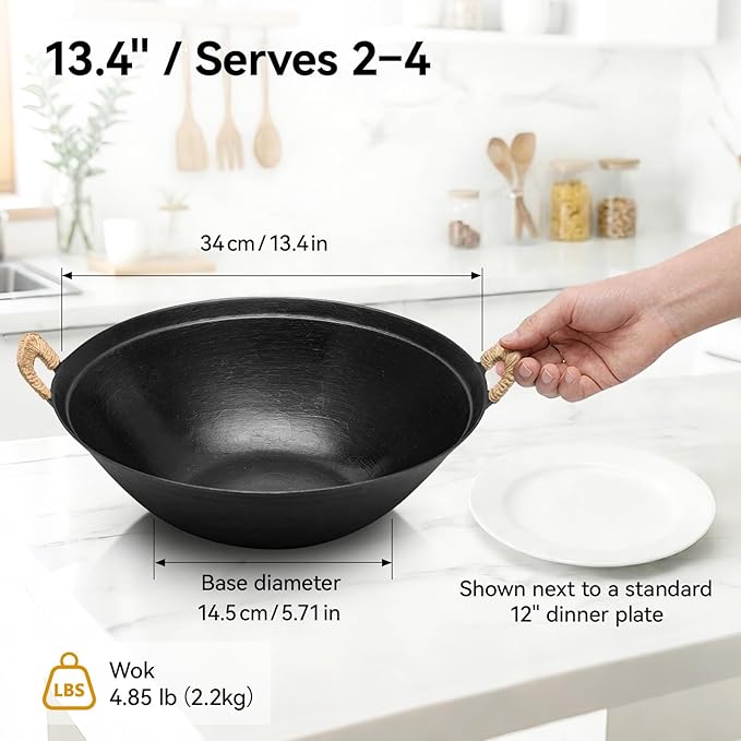 WANGYUANJI 13.4" Cast Iron Wok with Lid, Traditional Handcrafted Chinese Wok Pan, Flat Bottom Stir Fry Pan for Induction & Gas Stoves, Turtle Shell Texture, Uncoated Non-Toxic