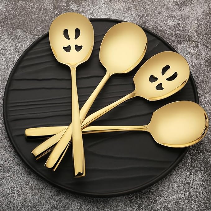 Serving Spoons Set 9.14 Inch Slotted Spoon Serving Spoon Stainless Steel Serving Utensils for Buffet Parties Catering Dishwasher Safe(Set of 8, Gold)