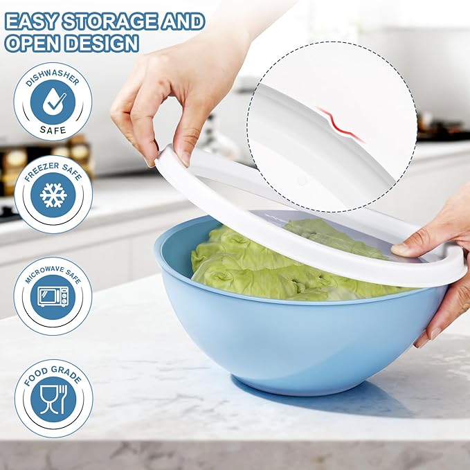 Plastic Mixing Bowls with Lids Set for Kitchen, Nesting Bowls for Mixing, Baking, Prepping, Cooking and Serving Food, Mixing Bowls Dishwasher, Microwave Safe (Light blue)