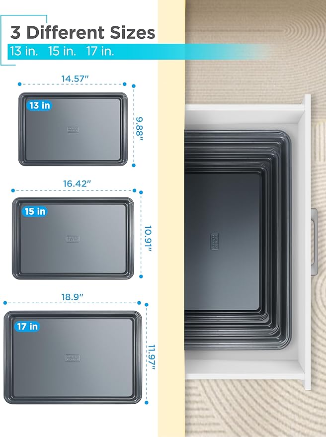 BLACK+DECKER 3-Piece Carbon Steel Baking Sheet Set, Includes 13”, 15”, 17” Cookie Sheets for Baking, 0.4mm Carbon Steel Baking Pans Set with Ceramic Non-Stick Coating, PFOA & PTFE Free, Black Finish