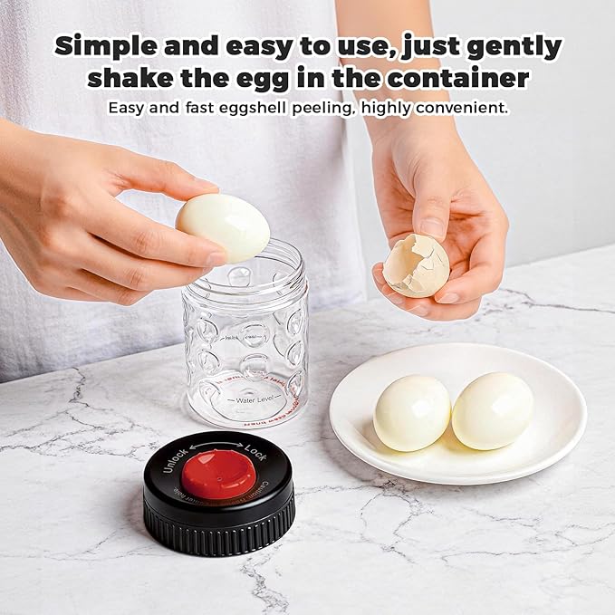2 in 1 Egg Peeler with Piercer, Hard Boiled Egg Shell Remover Tool with Rotary Lock & Leak-Proof Design, Clear Egg Peeler for Meal Prep, Fitness, Camping & Deviled Eggs, Easy to Use & Clean (Black)