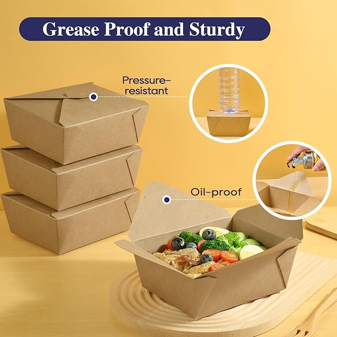 LITOPAK 50 Pack 45 oz To Go Food Containers, Kraft Brown Take Out Food Containers Leak Grease Resistant and Stackable for Restaurants, Homes, Offices, Picnics