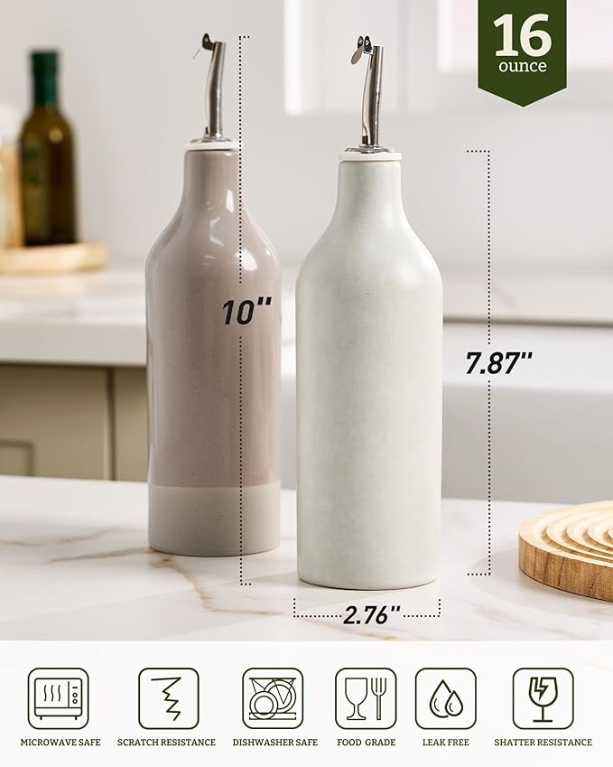 famiware Milkyway 16oz Ceramic Olive Oil Dispenser Bottle, Olive Oil and Vinegar Dispenser Bottle Set of 2 with Stainless Steel Pourers, Storage Vinegar, Soy Sauce, Matte Beige White & Cinnamon Brown