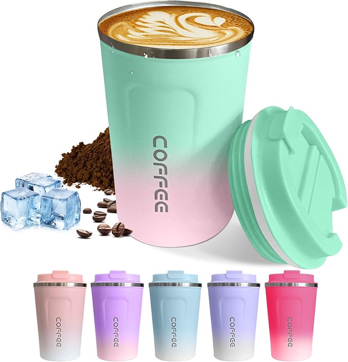 Travel Coffee Mug Leak-Proof, Reusable Coffee Cups with Lids, Stainless Steel Vacuum Insulated Coffee Tumblers, Thermal Insulation Cup for Men and Women Hot & Cold Drinks(2nd-Green Pink, 17OZ)