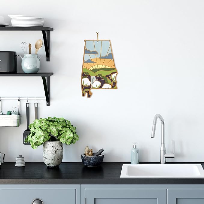 Totally Bamboo Alabama State Shaped Cutting Board and Charcuterie Serving Platter with Artwork by Summer Stokes, Includes Hang Tie for Wall Display 10" x 15-3/4" x 5/8"
