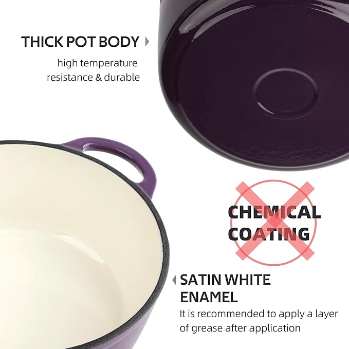 4 Quart Dutch Oven Enameled Cast Iron with Lid - Big Dual Handles - Oven Safe up to 500°F - Classic Round Pot for Versatile Cooking Purple