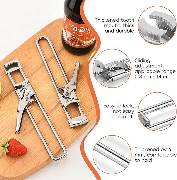 2 Pack Adjustable Stainless Steel Jar Opener for Seniors with Arthritis, Manual Lid Remover with Non-Slip Clamp, Easy Grip Bottle Opener Gadget for 0.8" to 4" Weak Hands
