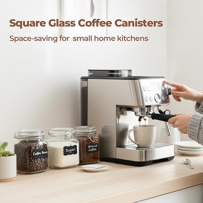 ComSaf 3-Pack Square Glass Coffee Canisters, 34oz Airtight Pantry Jars for 1lb Coffee Bag, Sugar, Flour & Tea, Space-Saving Food Storage Containers for Kitchen Counter & Small Apartment Organization
