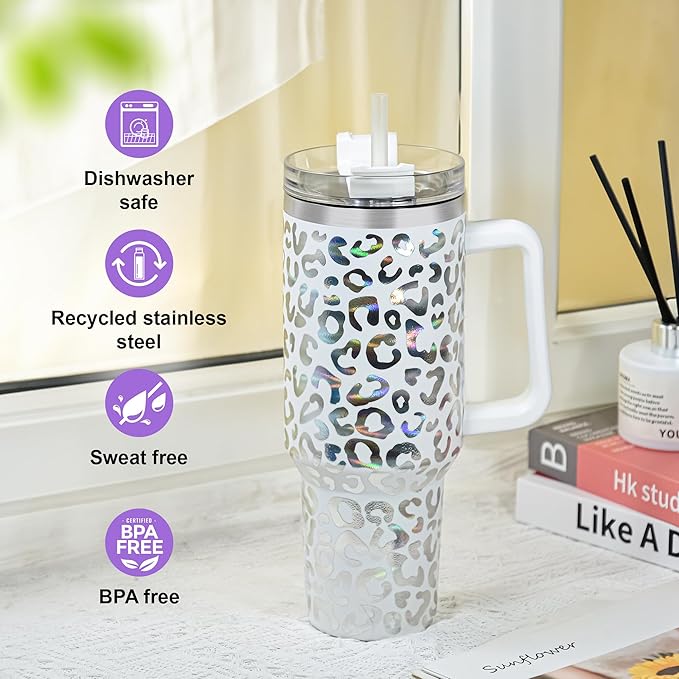 40 oz Tumbler with Handle and Straw, 100% Leak-Proof Travel Mug, Stainless Steel Double Wall Vacuum Insulated Coffee Cup Keeps Cold For 34 Hours, Dishwasher Safe, Purple Leopard