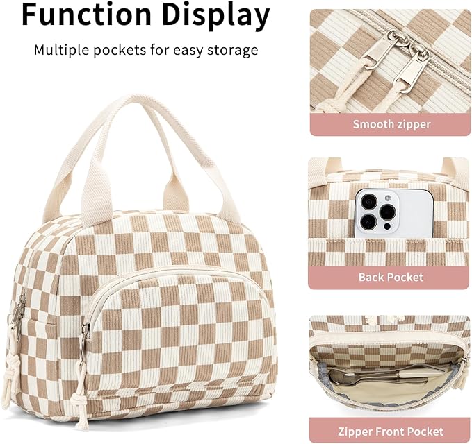 Lunch Bag Women Lunch Box for Women Adult Cute Insulated Lunch Bag Small Cooler Lunch Tote Bags for Work Picnic Travel (Beige-Brown Plaid)