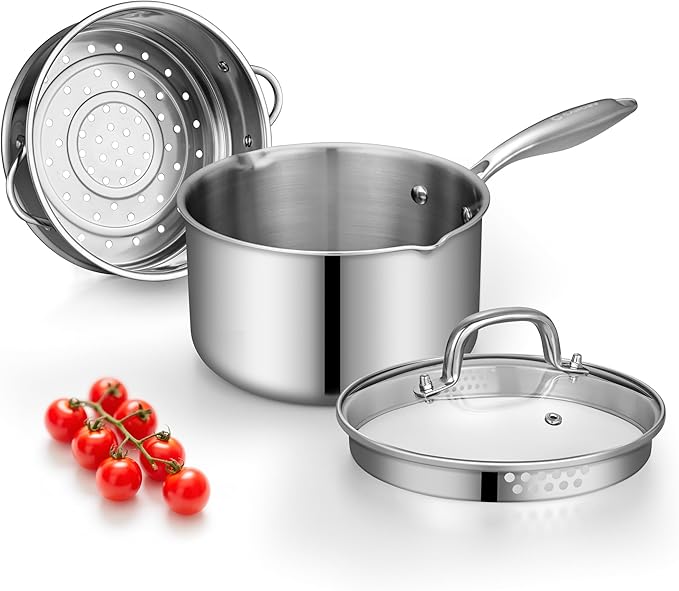 Tri-Ply Stainless Steel Sauce Pan with Steamer Basket & Straining Glass Lid — Heavy-Duty,Thick Base,Rust-Resistant,Warp-Free —100% Food-Grade —Built to Last– Works with All Stovetops, Pasta Pot 2 QT