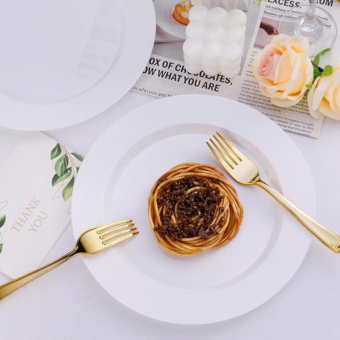50PCS White Plastic Plates, Disposable Dinnerware for 25 Guests, Include 10.25 inch & 7.5 inch Dinner & Dessert Plates for Party, Wedding and Graduation