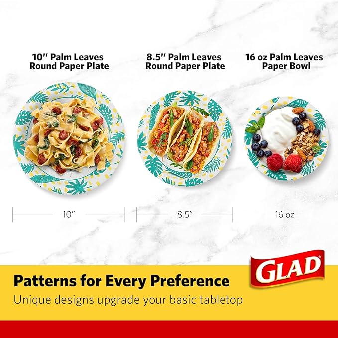 Glad Round Decorative Disposable Paper Plates, Palm Leaves Pattern, Soak Proof, Cut Resistant, Microwave Safe Dinner Plates for Everyday Meals, Parties, and Picnics, 10 Inch, 50 Count - 2 Pack