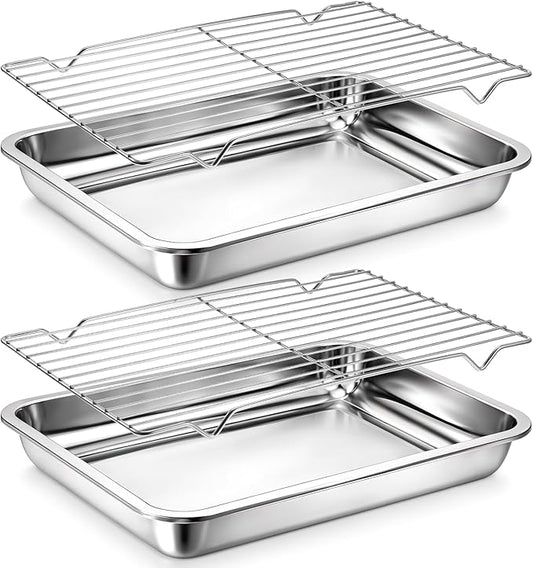 Quarter Baking Sheet Pan with Cooling Rack Set (2 Pans + 2 Racks), Stainless Steel Cookie Sheets Quarter Sheet Pan for Oven Baking, Warp Resistant & Nonstick, Size 14 x 10 x 1.8 Inch