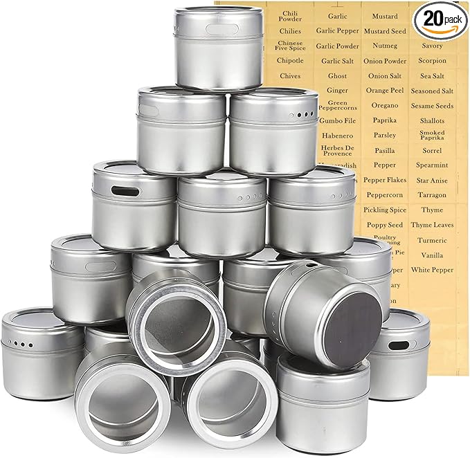 Juvale 20-Pack Magnetic Spice Jars - Space-Saving & Magnetic Spice Rack for Refrigerator - Preprinted Labels & Seasoning Containers - Pack of 20, 3.4 fl oz