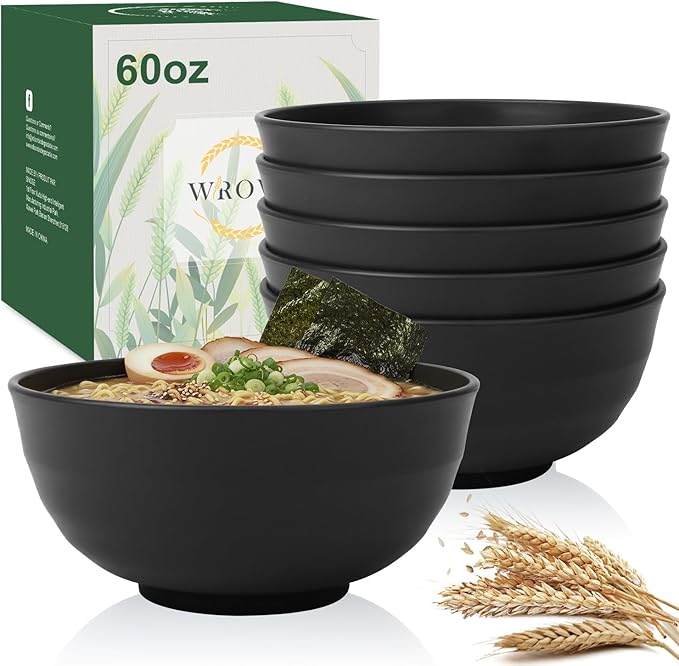 Wrova Wheat Straw Bowls 60oz, Large Salad Bowl Unbreakable Ramen Bowls Set of 6, Microwave & Dishwasher Safe Big Popcorn Bowl Alternative Plastic Bowls Reusable, Kitchen Bowls for Cereal,Noodle- Black