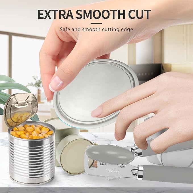 Can Opener Manual, Heavy Duty Stainless Steel Smooth Edge Can Opener With Soft Touch Handle, Oversized Handheld Easy Turn Knob, Multi-Function Bottle Opener, Gray