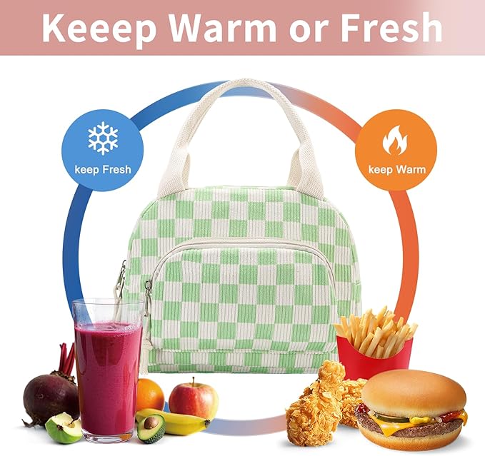 Lunch Bag Women Lunch Box for Women Adult Cute Insulated Lunch Bag Small Cooler Lunch Tote Bags for Work Picnic Travel (Beige-Light Green Plaid)